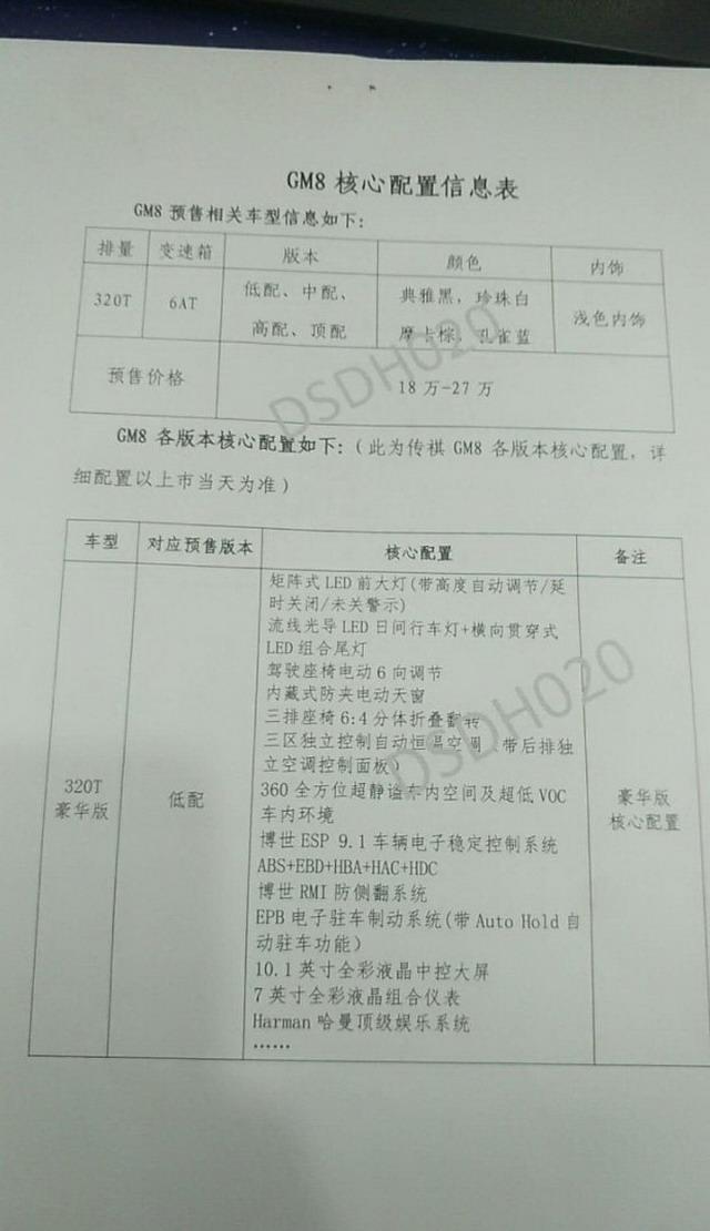 传祺gm8疑似配置 有望12月31日上市